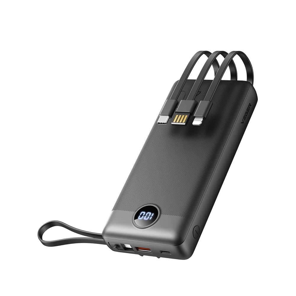Veger C20 (W2047 / W2059) 20000 mAh Powerbank mit integrierten Micro-USB-/USB-C-/Lightning-Kabeln, Schwarz