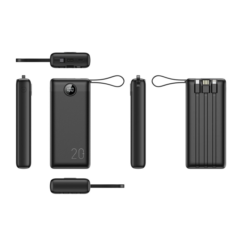 Veger C20 (W2047 / W2059) 20000 mAh Powerbank mit integrierten Micro-USB-/USB-C-/Lightning-Kabeln, Schwarz