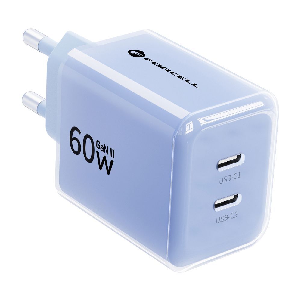 Forcell F-Energy GaN III Crystal Color 2x USB-C AVS SSFC3.0 60W + Silikonkabel USB-C auf USB-C VT-60