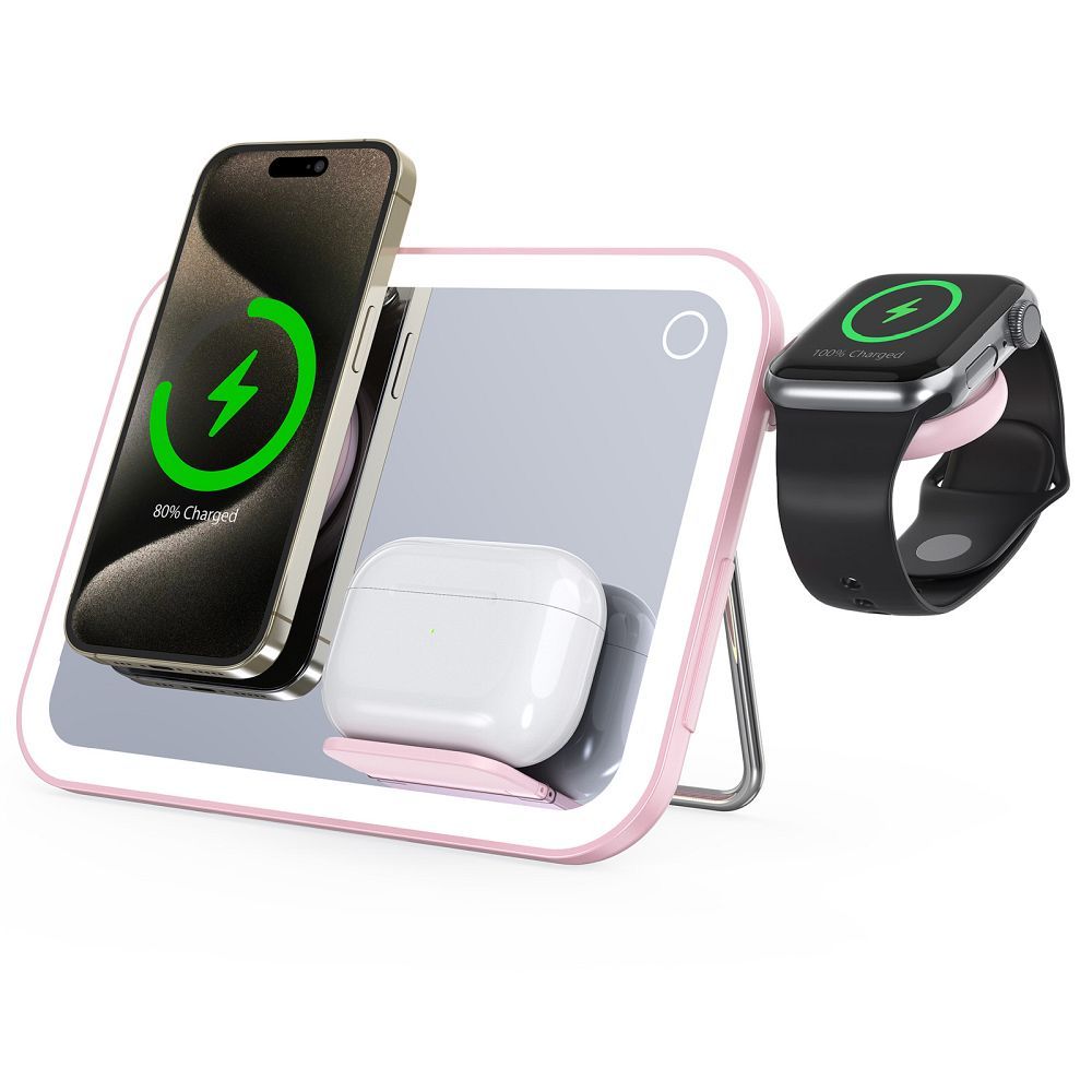 Mag Mirror 3-in-1 15W Kabelloses Ladegerät, kompatibel mit MagSafe / Apple Watch / Samsung Watch / AirPods, Pink