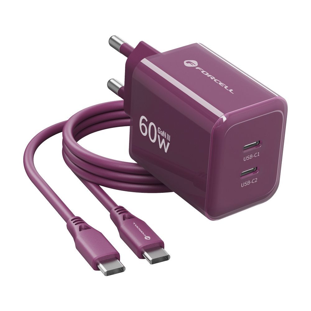 Forcell F-Energy GaN III Crystal Color 2x USB-C AVS SSFC3.0 60W + Silikonkabel USB-C auf USB-C VT-60