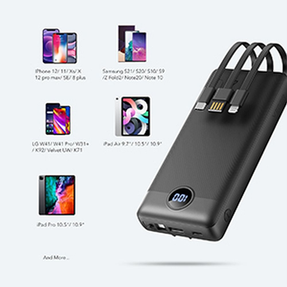 Veger C20 (W2047 / W2059) 20000 mAh Powerbank mit integrierten Micro-USB-/USB-C-/Lightning-Kabeln, Schwarz