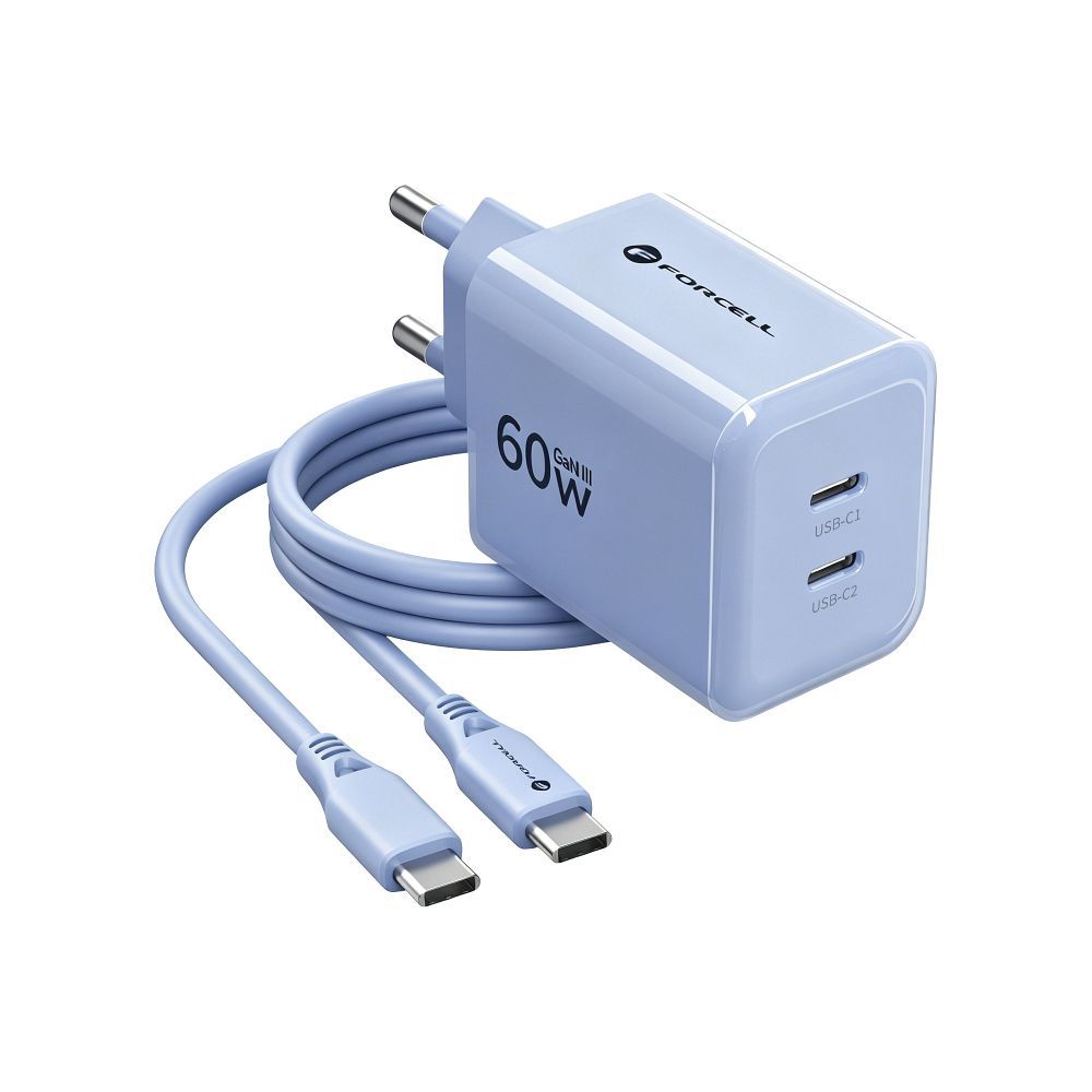 Forcell F-Energy GaN III Crystal Color 2x USB-C AVS SSFC3.0 60W + Silikonkabel USB-C auf USB-C VT-60