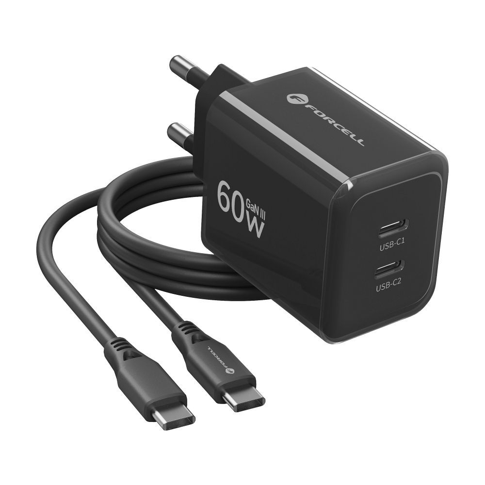 Forcell F-Energy GaN III Crystal Color 2x USB-C AVS SSFC3.0 60W + Silikonkabel USB-C auf USB-C VT-60