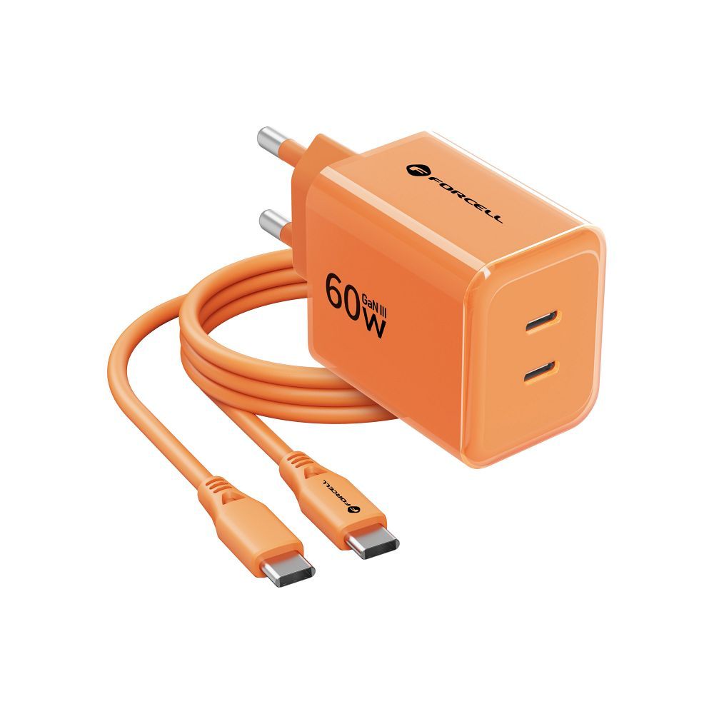 Forcell F-Energy GaN III Crystal Color 2x USB-C AVS SSFC3.0 60W + Silikonkabel USB-C auf USB-C VT-60