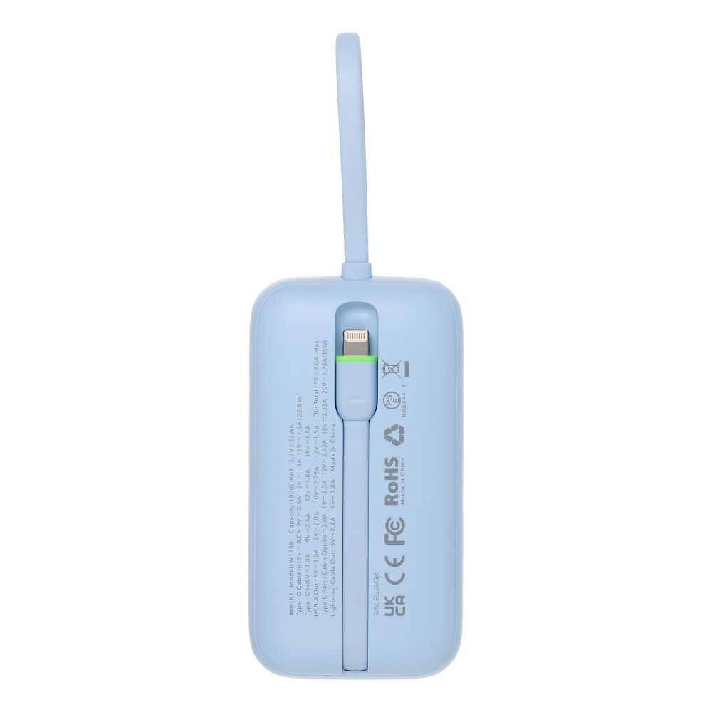 Powerbank Veger K1 (W1188) PD QC3.0 35W 10000 mAh mit integrierten USB-C-/Lightning-Kabeln
